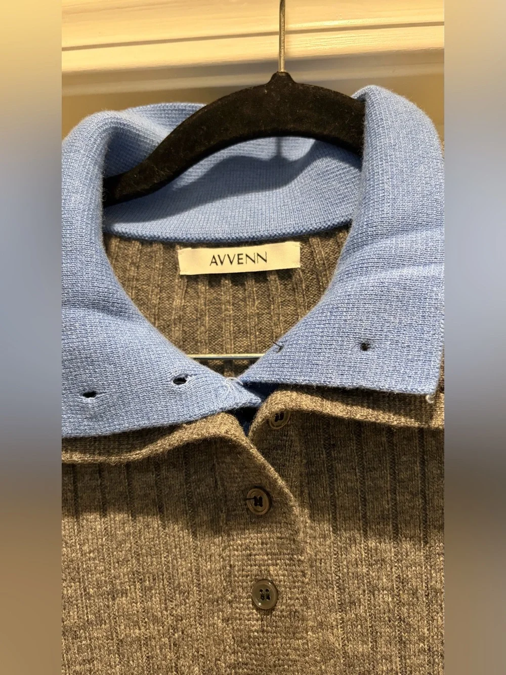 Gray Ribbed Pullover Sweater with Blue Trim